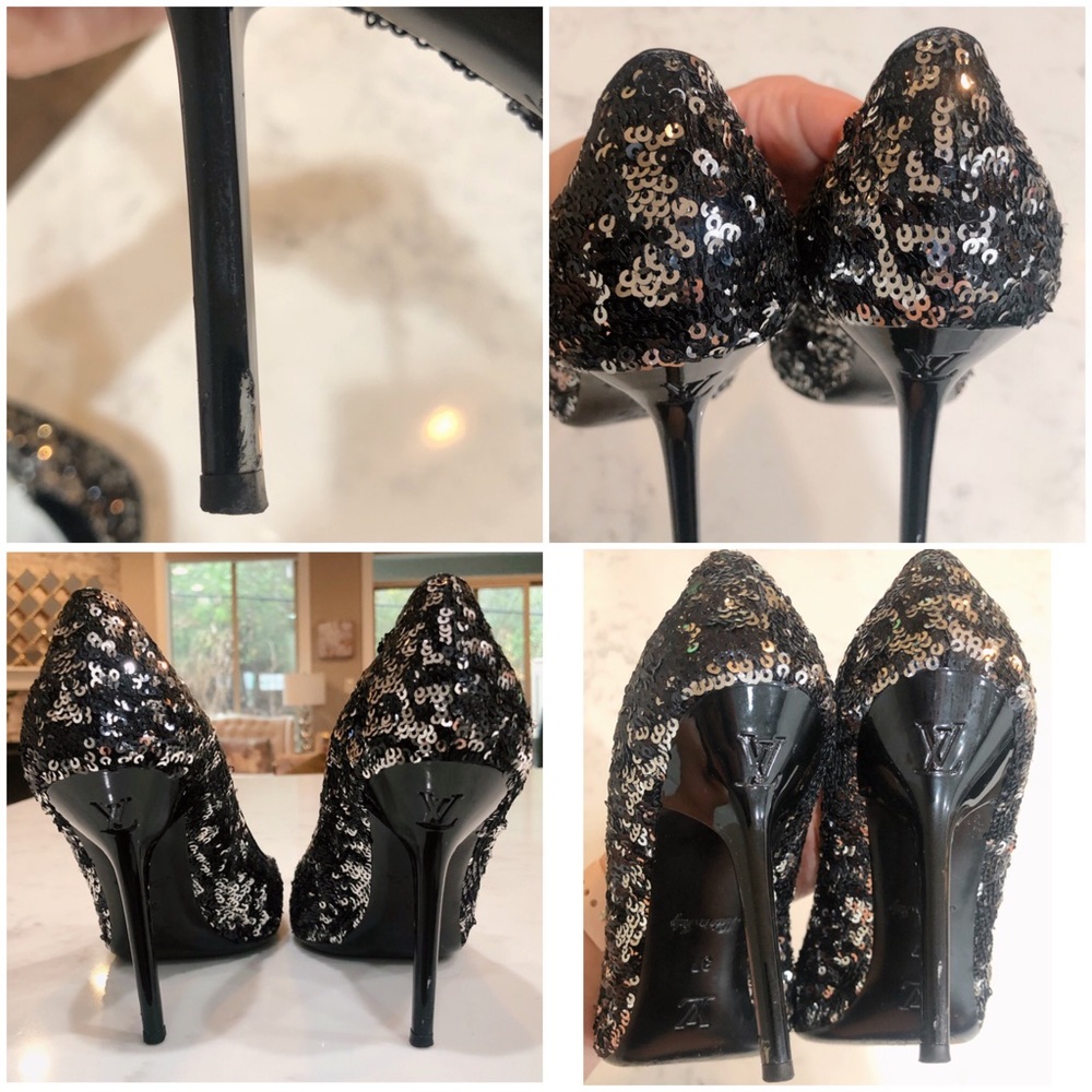 LOUIS VUITTON Liza Sequin Black & Silver Pointy Toe Pumps Noir SZ 37 - Picture 15 of 17